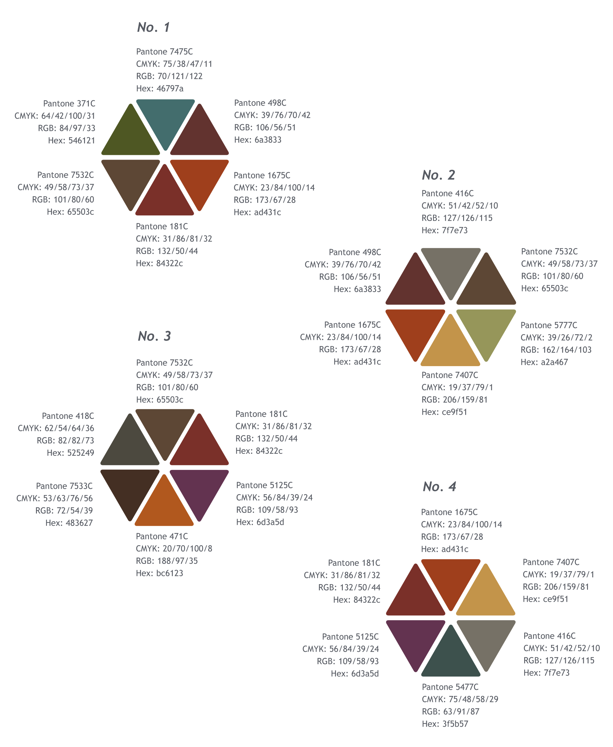 The first four sets of six color palettes in earth tones, complete with Pantone value and CMYK, RGB and Hex values